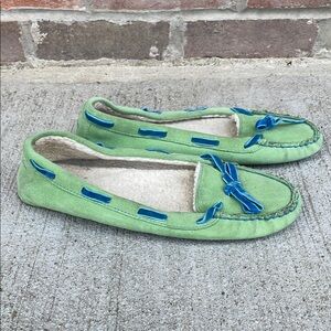 L.L. Bean Womens Green Blue Moccasin Slippers Fleece Size 10 Comfy Loungewear